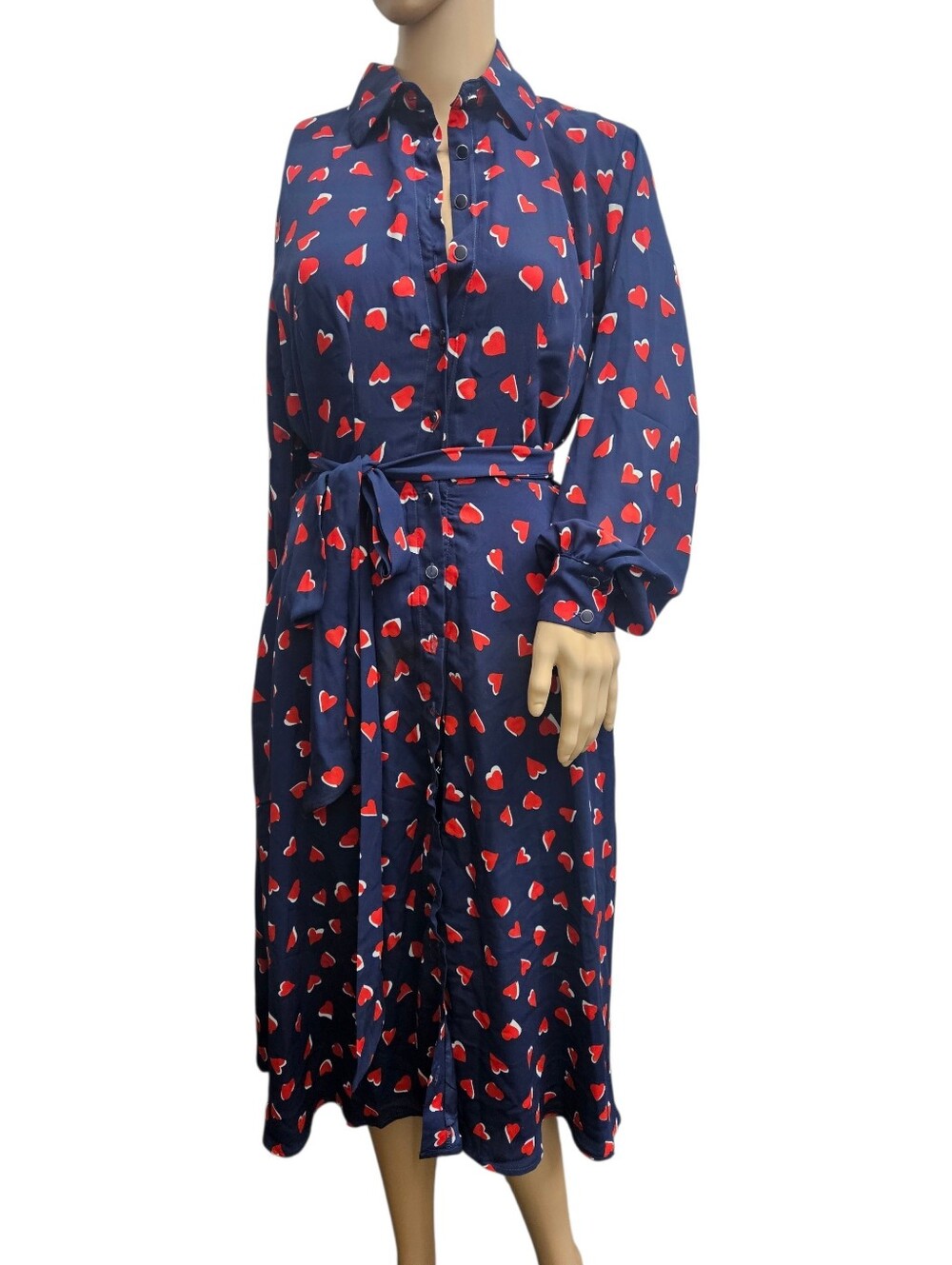 New York & Company Navy Midi Shirt Dress with Red Heart Print
